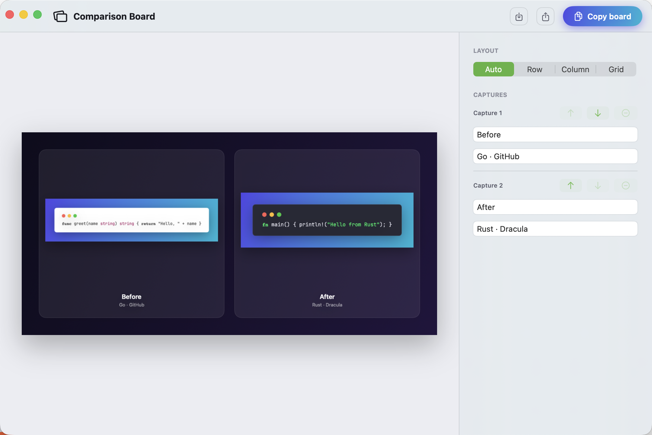 The Vitrine comparison-board editor with two labelled captures, four layout choices, and copy, save, and share actions