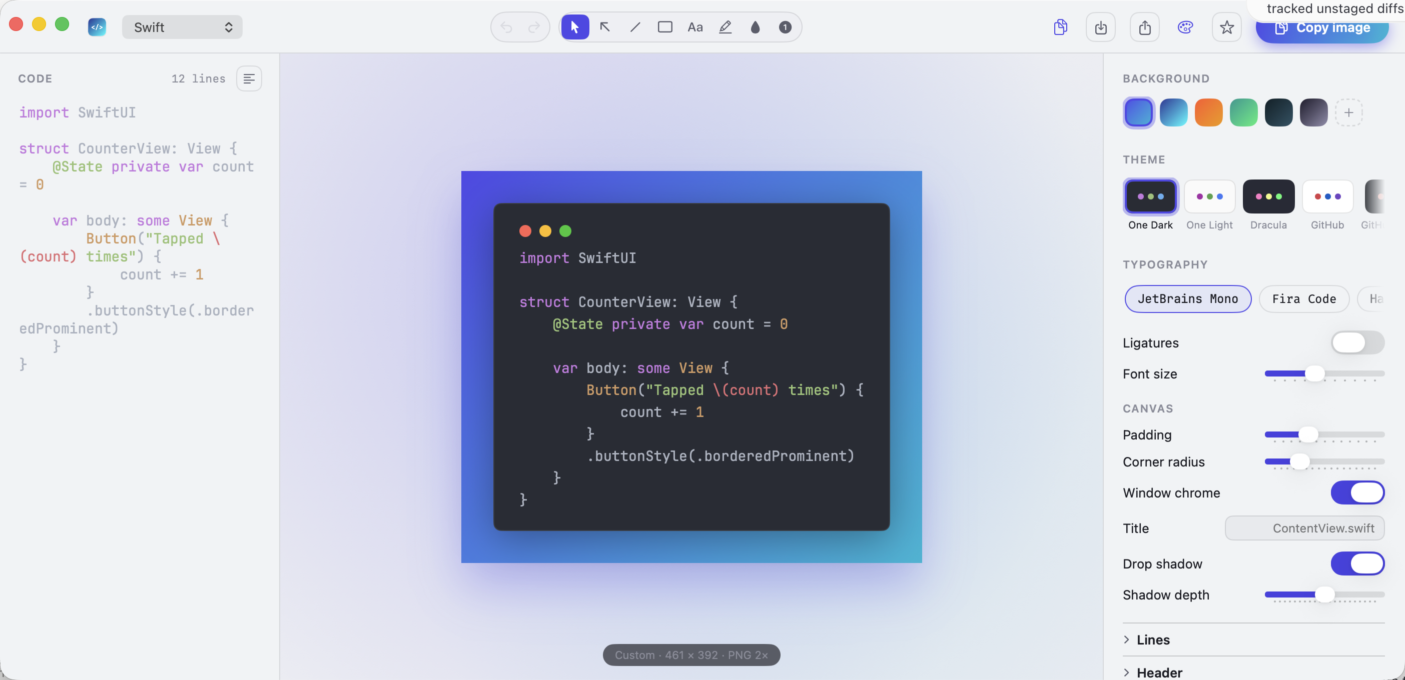 The Vitrine editor: code pane, preview on its ambient-light stage, and the style inspector