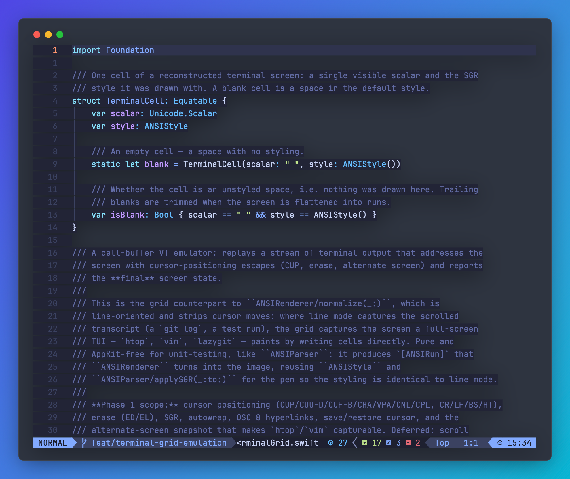 A Neovim editing session reconstructed as a Vitrine image with syntax highlighting