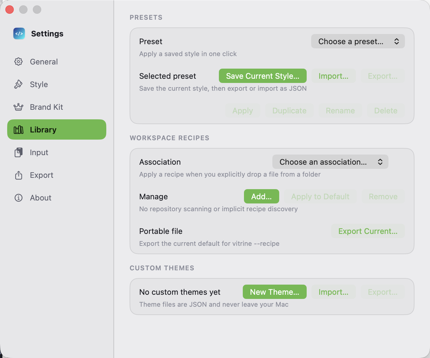 Vitrine Settings showing workspace recipe export and machine-local folder association controls
